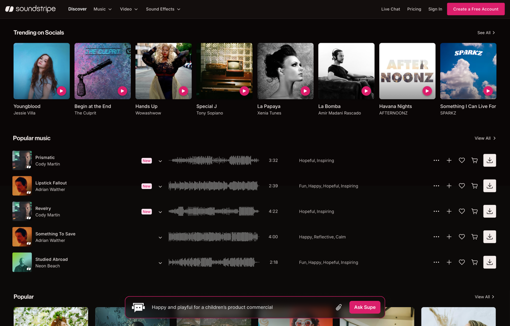 Persistent Supe search bar anchored to the bottom of the discovery page