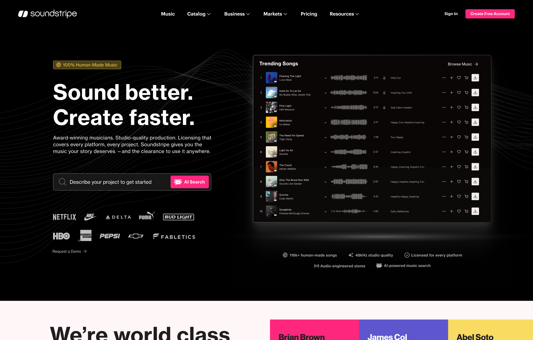 Supe AI search embedded in the Soundstripe marketing homepage hero section