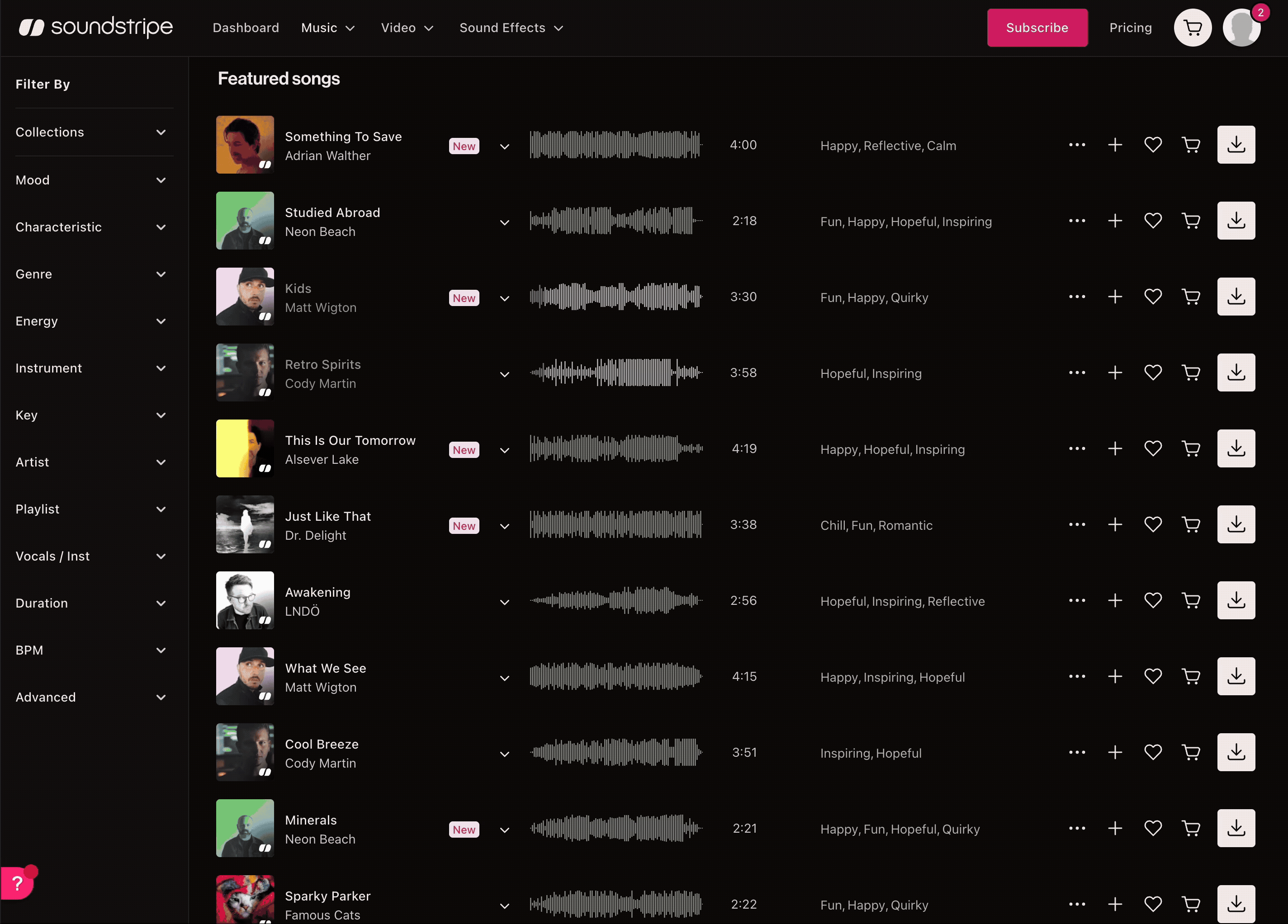 Metadata slide-out open on a track — mood tags, use-case labels, and technical data visible without leaving the results list